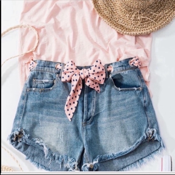 Trindy Clozet Boutique Pants - Distressed Denim Shorts with Polka Dot Bow